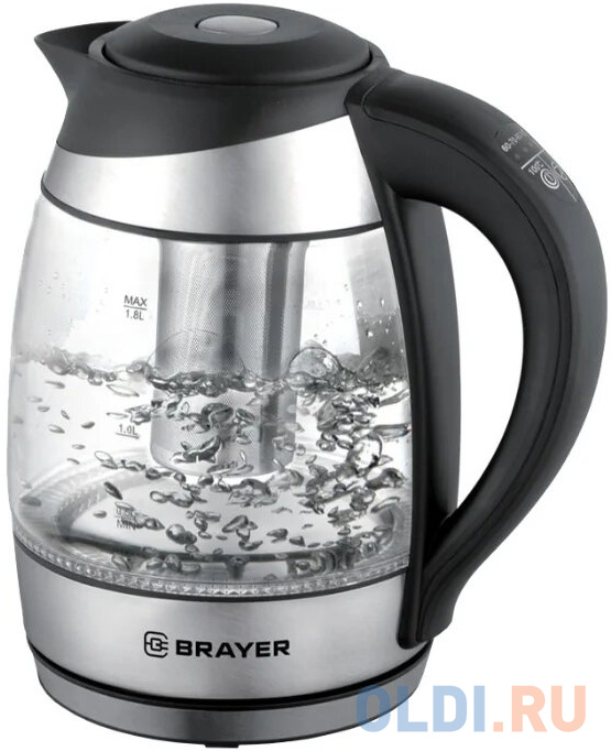1021BR Электрический чайник BRAYER, 1,7 л, стекло, элек.управл, 60-100 °С, Под. t, подсветка, черн. brayer фен br3001