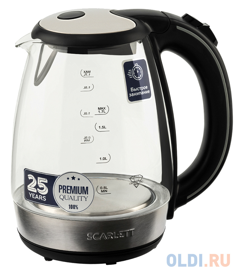 Чайник электрический Scarlett SC-EK27G93 2200 Вт серебристый чёрный 1.7 л стекло чайник электрический brayer br1026 2200 вт чёрный 1 8 л пластик стекло
