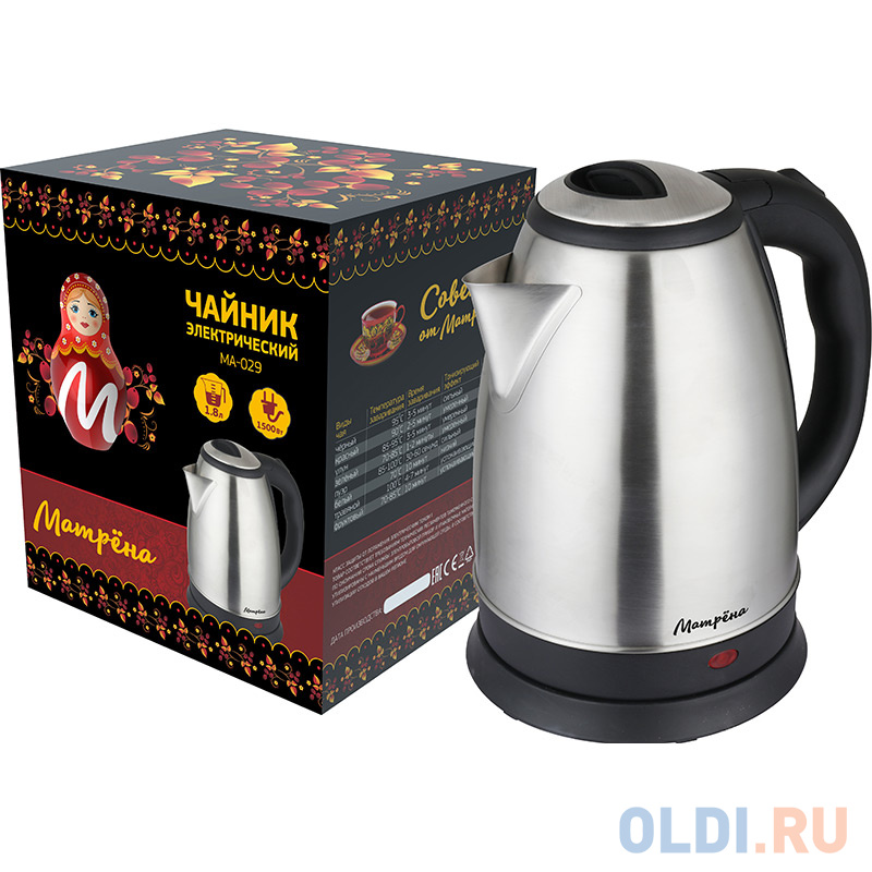 Чайник электрический Матрёна МА-029 1500 Вт чёрный нержавеющея сталь 1.8 л нержавеющая сталь фото