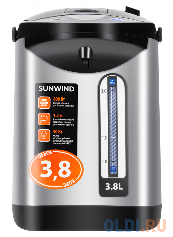 Термопот SunWind SUN-TP-2 800 Вт серебристый чёрный 3.8 л металл/пластик фото