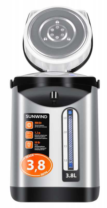 Термопот SunWind SUN-TP-2 800 Вт серебристый чёрный 3.8 л металл/пластик фото
