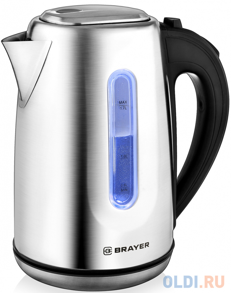 Чайник электрический Brayer BR1014 2200 Вт серебристый 1.7 л нержавеющая сталь brayer 1008br bk чайник электрический 2200 вт 1 7 л strix автоотключ термост пласт