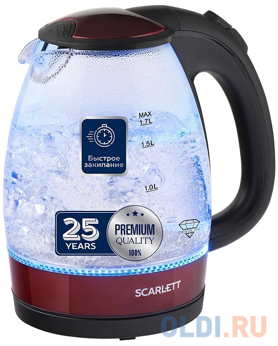 Чайник электрический Scarlett SC-EK27G92 2200 Вт бордовый 1.7 л стекло чайник электрический scarlett sc 1020