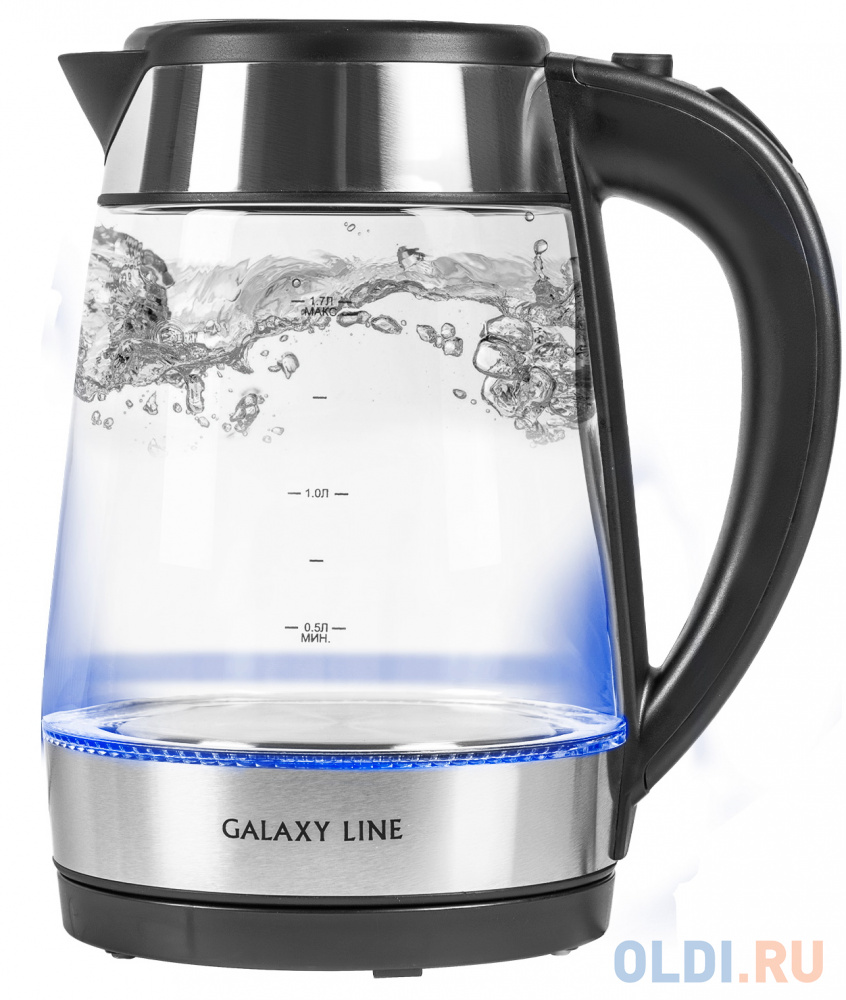 Чайник электрический GALAXY GL0558 2200 Вт серебристый чёрный 1.7 л стекло измельчитель электрический galaxy line gl 2367 1 8л 600вт серебристый