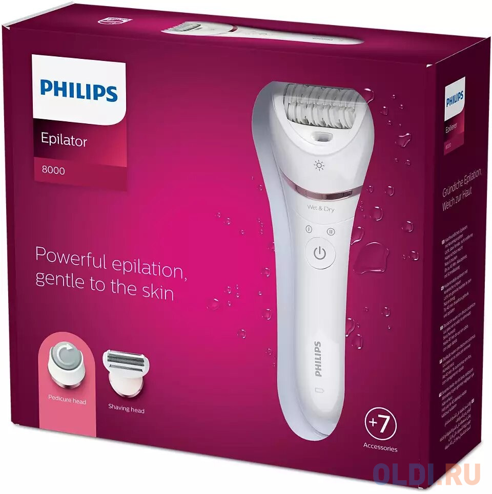 Эпилятор Philips/ 2 скорости, широкая головка, Wet&amp;Dry, беспроводной, opti light, 6 аксессуаров Вид№5