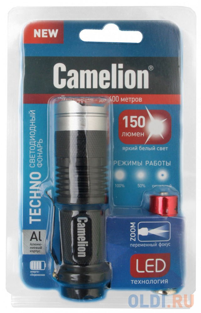 Camelion LED5135  (фонарь, черный,  LED XPE, ZOOM, 3 реж 1XLR6 в компл., алюм.,откр. блистер) от OLDI
