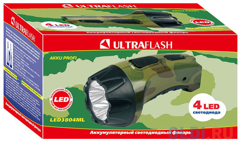 Ultraflash LED3804ML  (фонарь аккум 220В,  милитари, 4 LED, SLA, пластик, коробка) от OLDI