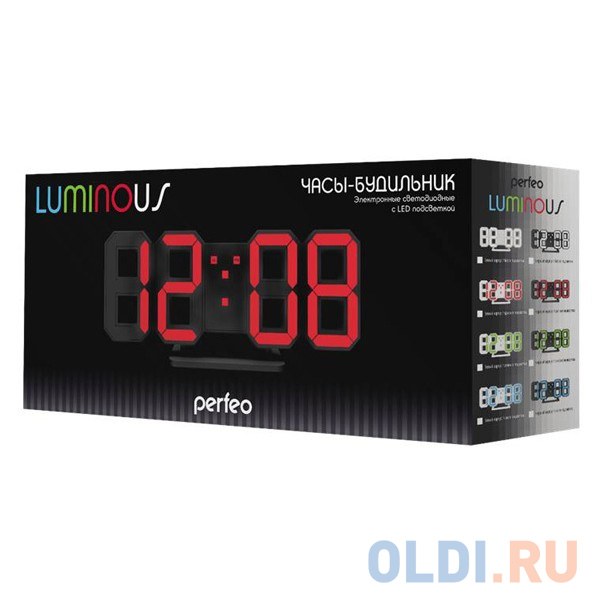 Perfeo LED часы-будильник "LUMINOUS", черный корпус / красная подсветка (PF-663) фото