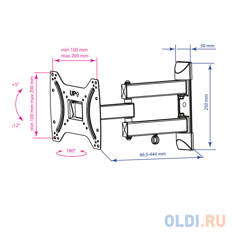 Кронштейн Kromax DIX-22 черный Наклонно-поворотный для LED TV 15"-48", max 35 кг, настенный, 4 ст свободы, от стены 66.5-444  мм, max VESA 2 фото
