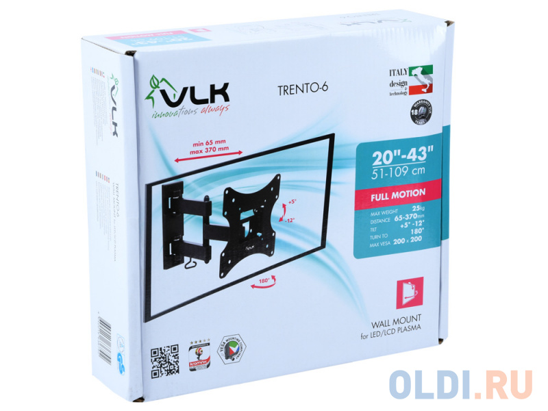 

Кронштейн VLK TRENTO-6 черный 20"-43" наклонно-поворотный от стены 90-377мм VESA 200х200мм до 25кг