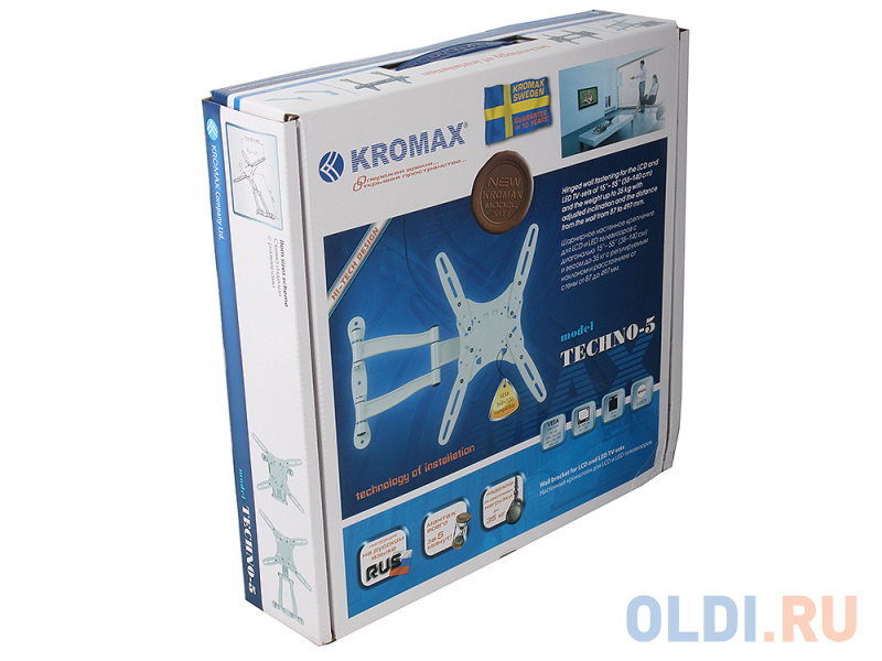 Кронштейн Kromax TECHNO-5 LED 15"-55", настенный, 5 ст. свободы, max VESA 400x400, max 35 кг WHITE фото