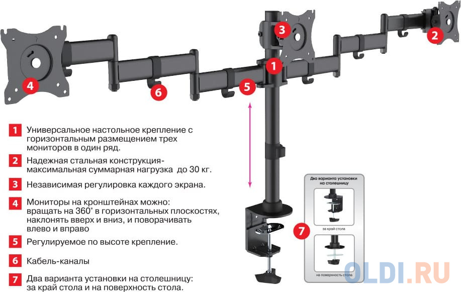 Кронштейн для мониторов Arm Media LCD-T15 Для 3-Х 10"-32", max 3x10 кг, 5 ст свободы, поворот на штанги 360°, высота штанги 450мм, maxVESA10 фото