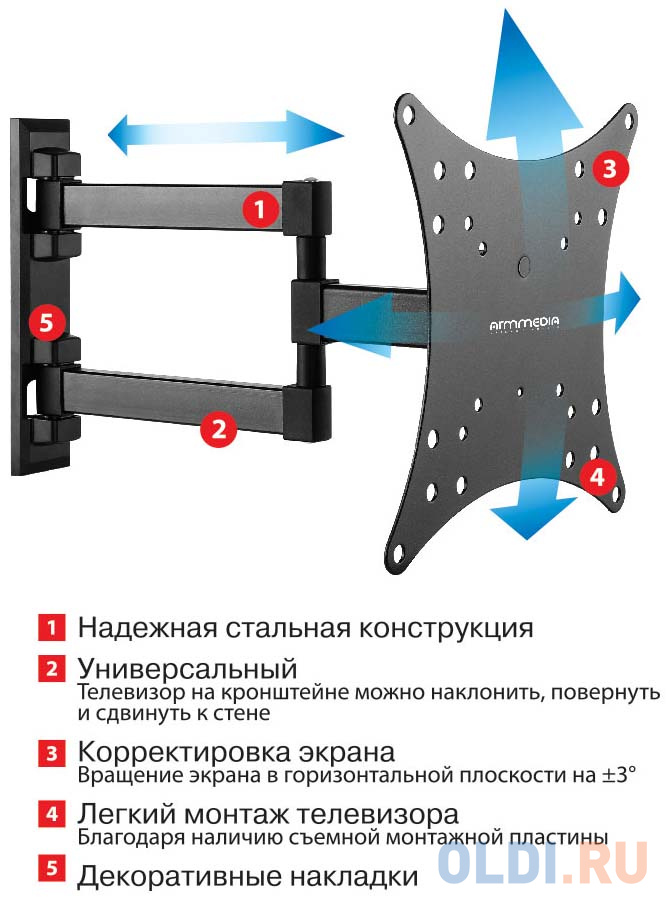 Кронштейн Arm media MARS-4 Черный 20"-43" наклонно-поворотный от стены 44-282мм VESA 200х200мм до 20кг фото