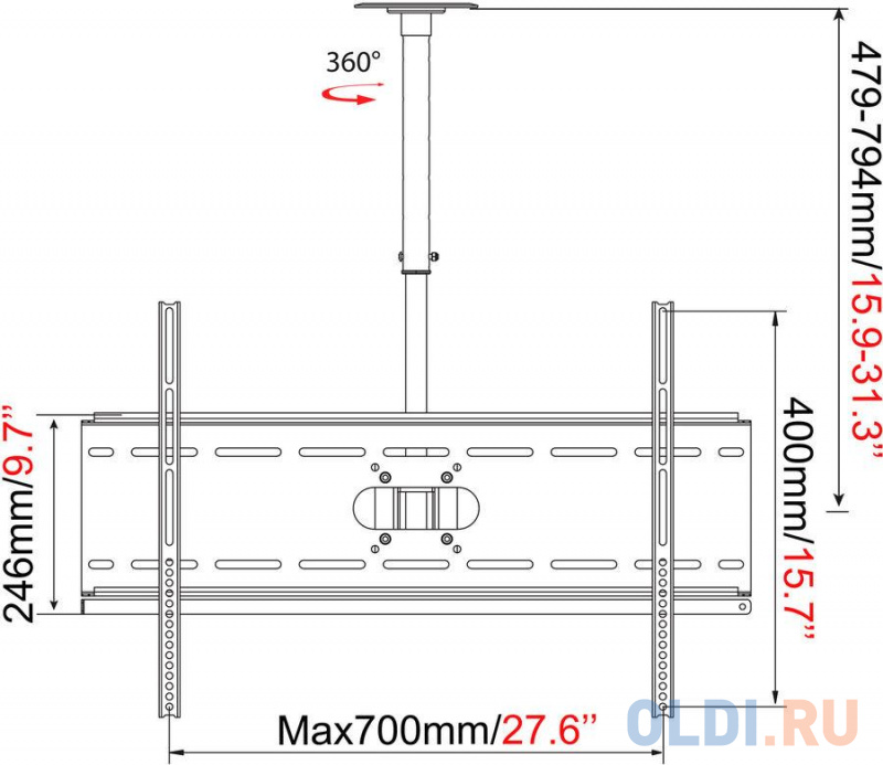 Кронштейн для телевизора Cactus CS-CP04-R черный 37"-70" макс.81.6кг потолочный поворот и наклон - фото 3