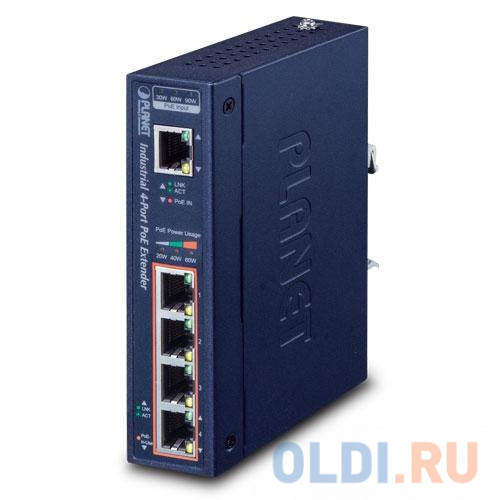 IP30 Industrial 1-Port 60W Ultra POE to 4-Port 802.3af/at Gigabit POE Extender (-40 to 75 C)