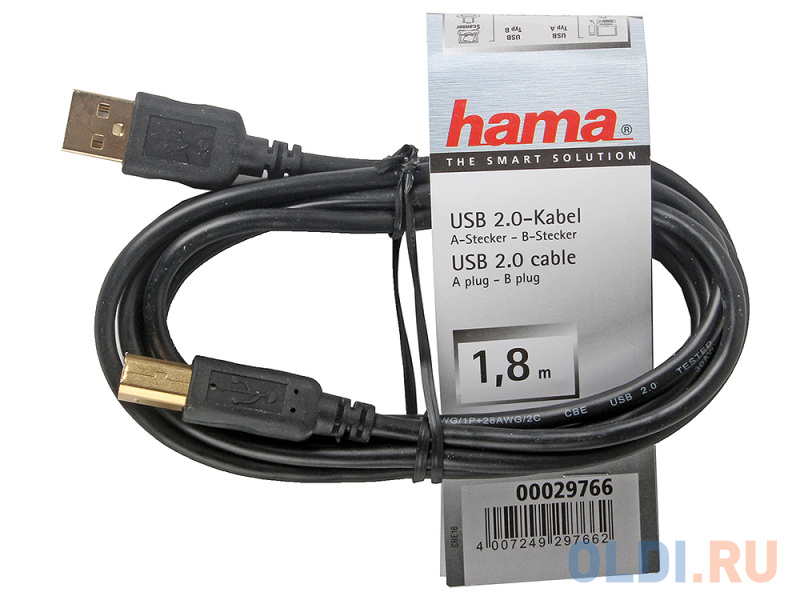 

Кабель Hama USB 2.0 A-В (m-m), 1.8 м, позолоченные штекеры, черный H-29766