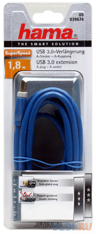 

Кабель USB 3.0 A-A (m-f) удлинительный, 1.8 м, позолоченные контакты, экранированный, 5 Гбит/с, ***, синий, Hama H-39674