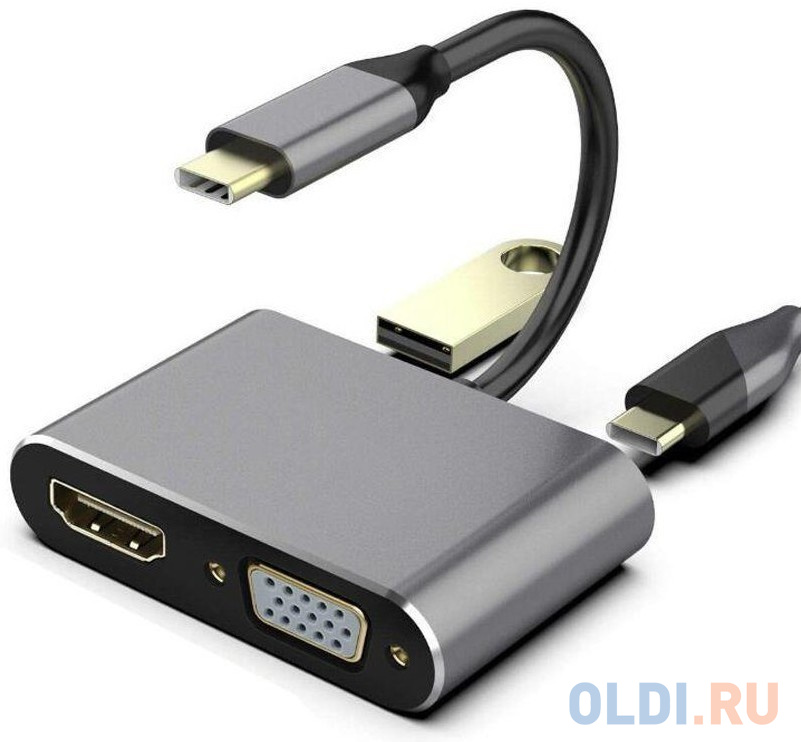 Кабель-концентратор USB3.1 TypeCm -->HDMI+USB3.0+PD+VGA Alum Grey 4K@30Hz, Telecom<TUC055> концентратор usb 2 0 ginzzu gr 474ub 4 порта 1 1м кабель