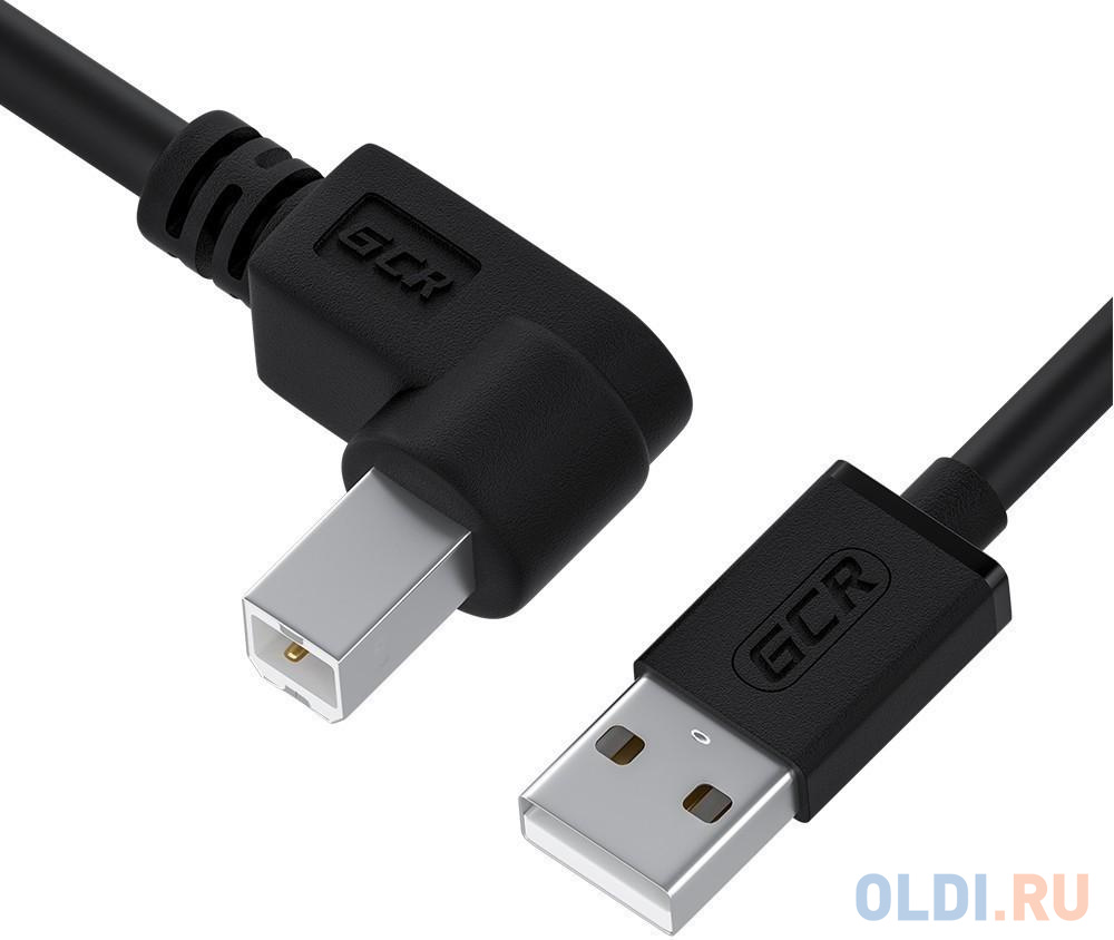 GCR Кабель 0.5m USB 2.0, AM/BM угловой левый, черный, 28/28 AWG