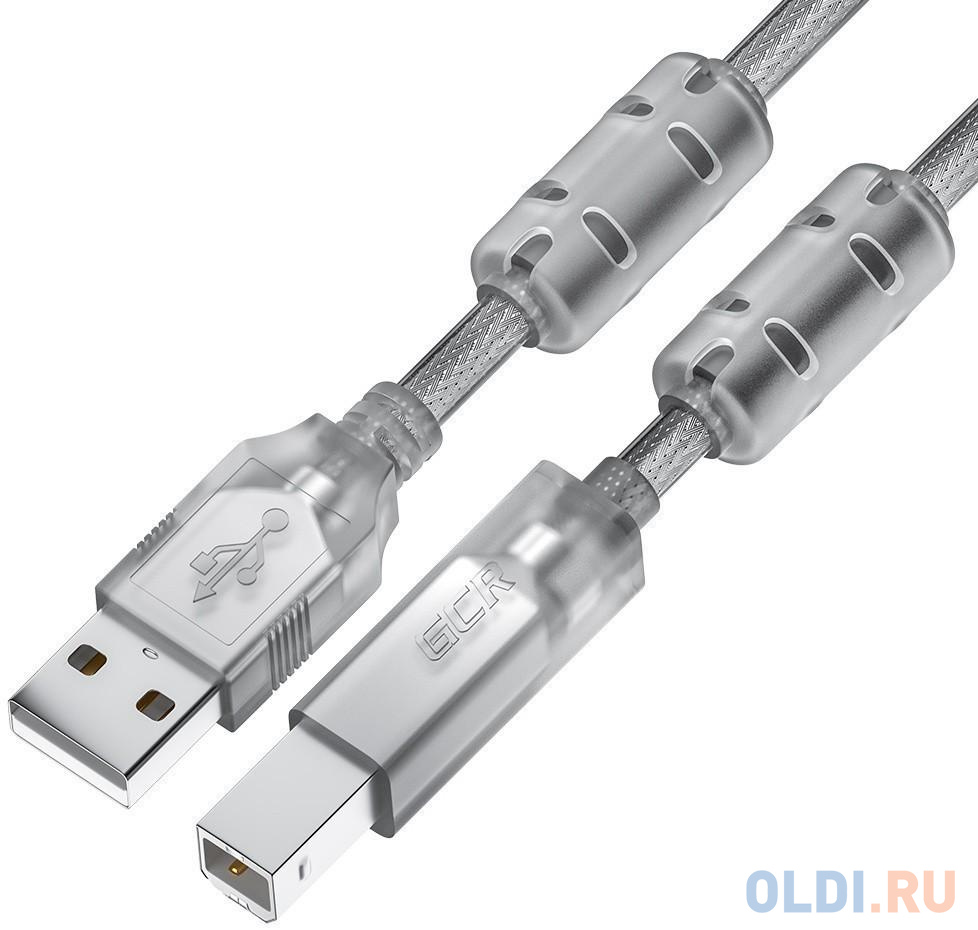 GCR Кабель PROF 0.75m USB 2.0, AM/BM, прозрачный, ферритовые кольца, 28/24 AWG, экран, армированный, морозостойкий, GCR-52421 cablexpert кабель удлинитель usb2 0 pro am af 3м экран 2 феррит кольца прозрачный ccf usb2 amaf tr 10