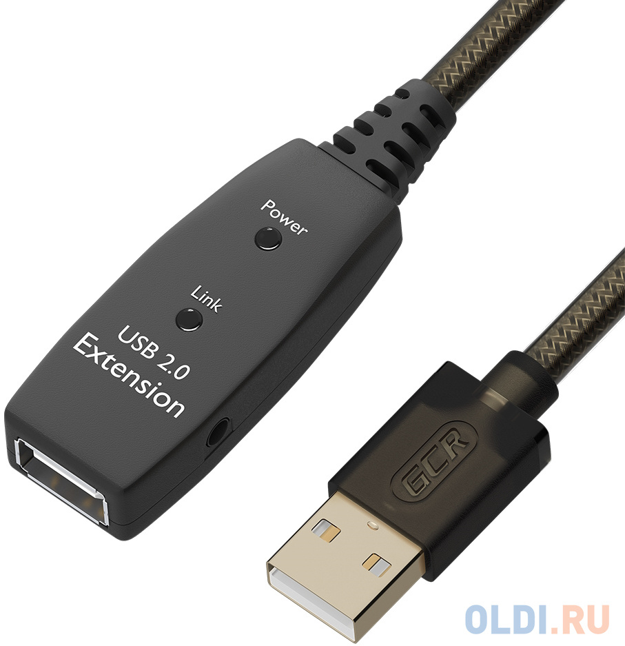 GCR Удлинитель активный 10.0m USB 2.0, AM/AF, GOLD, черно-прозрачный, с усилителем сигнала Premium, разъём для доп.питания, 24/22 AWG