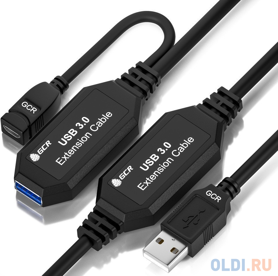 GCR Удлинитель активный 15.0m(5.0m + 5.0m + 5.0m) USB 3.0 AM/AF, черный, с 3-мя усилителями сигнала, доп.питание micro, GCR-51925