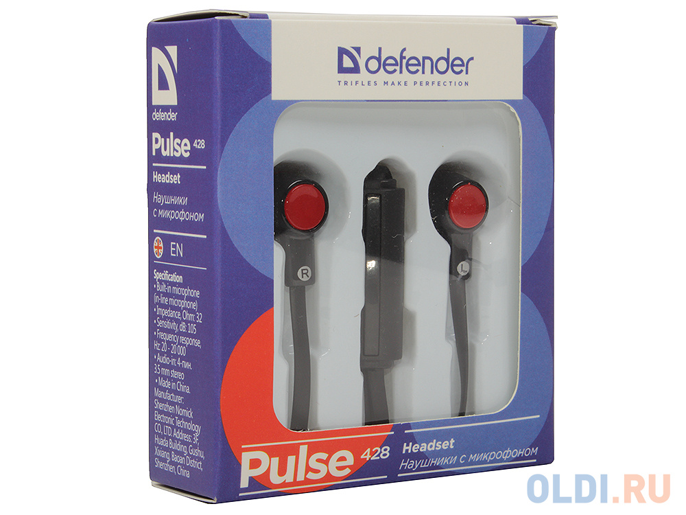Гарнитура Defender Pulse-428 Black/red 4-пин 3,5 мм jack, кабель-1,2м фото