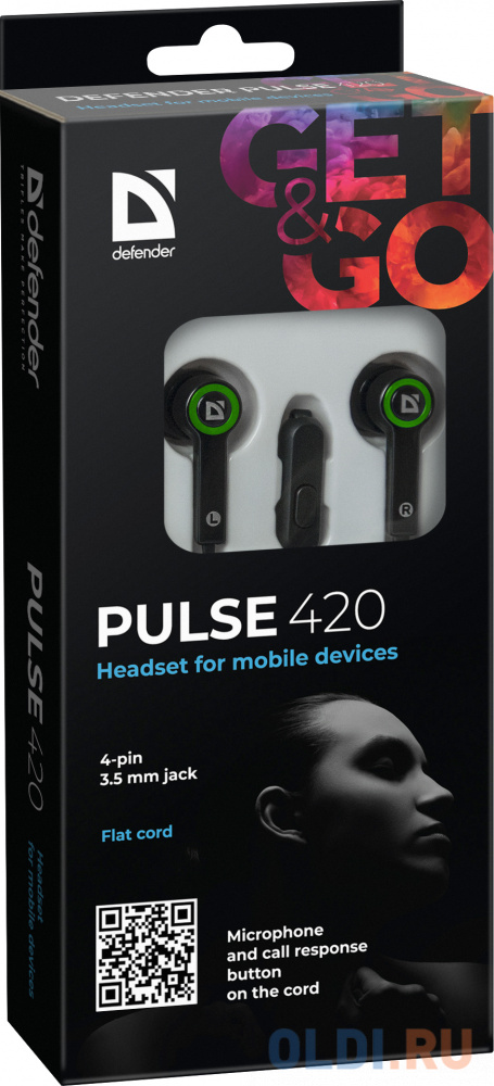 Гарнитура Defender Pulse-420 Black/green 4-пин 3,5 мм jack, кабель-1,2м Вид№4