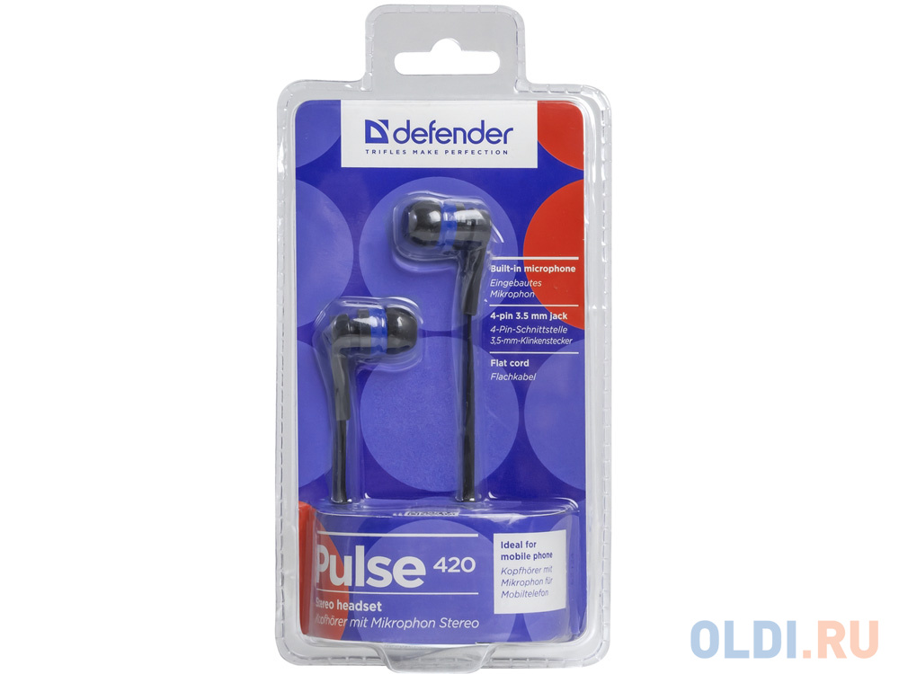 Гарнитура Defender Pulse-420 Black/blue 4-пин 3,5 мм jack, кабель-1,2м Вид№5