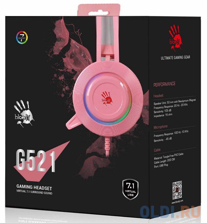 Наушники с микрофоном A4 Bloody G521 розовый 2.3м мониторные USB оголовье (G521 ( PINK )) Вид№3