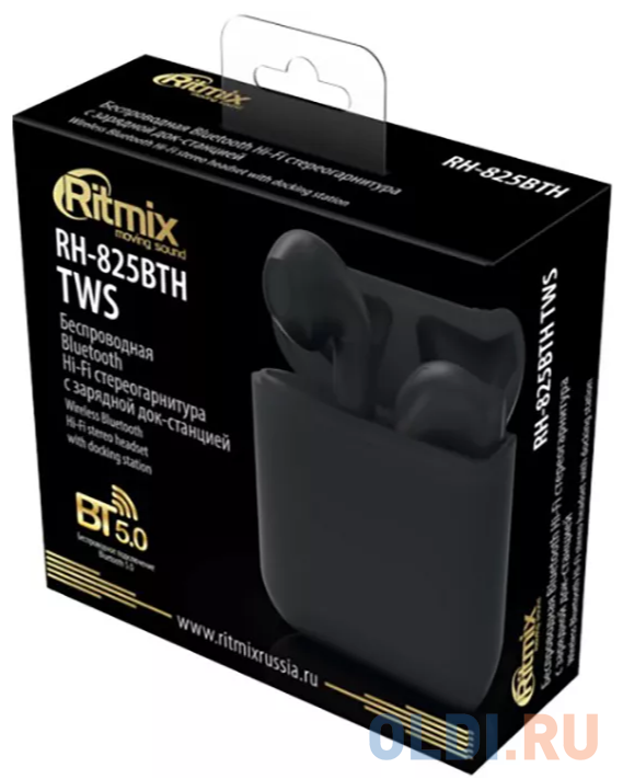 RITMIX RH-825BTH TWS black {Bluetooth 5.0 + EDR, сенсорное управление, 12 мм, 20-20000 Гц, 32 Ом, 35 мАч (наушники), 350 мАч} Вид№2