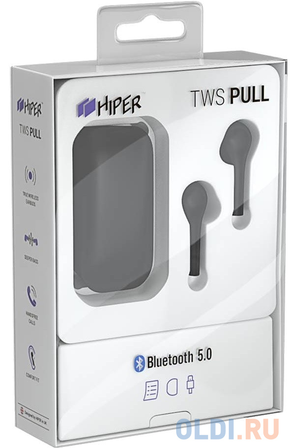Наушники Hiper TWS PULL Bluetooth 5.0 гарнитура Li-Pol 2x40mAh+400mAh, черный фото
