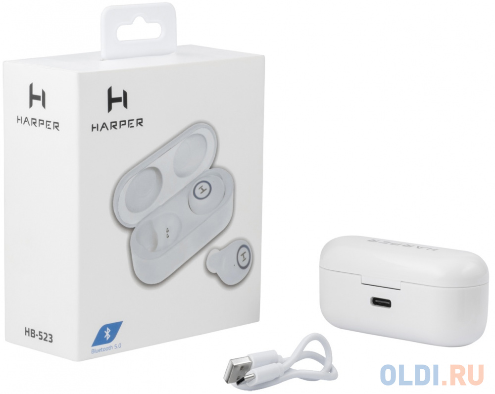 Наушники HARPER HB-523 white, BT 5.0,беспроводные, Встроенный микрофон, Сенсорное управление, Частотный диапазон 20 Гц-20 КГц, Сопротивление: 16 Ом, Ч Вид№5