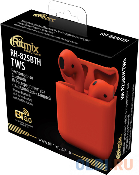 RITMIX RH-825BTH TWS red {Bluetooth 5.0 + EDR, сенсорное управление, 12 мм, 20-20000 Гц, 32 Ом, 35 мАч (наушники), 350 мАч} фото