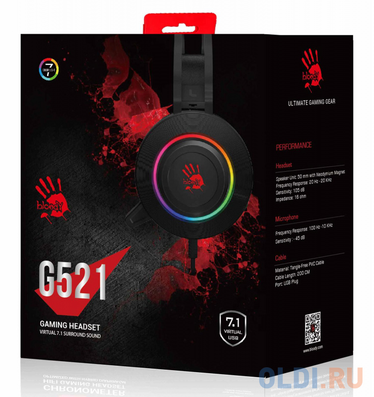 Наушники с микрофоном A4Tech Bloody G521 черный 2.3м мониторные USB оголовье (G521 (BLACK)) фото