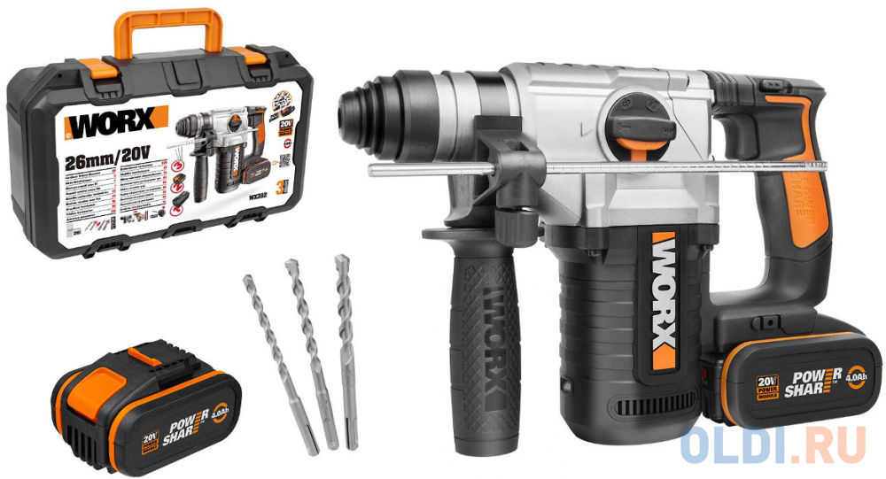 

Перфоратор аккумуляторный WORX WX392, 20В, 4 Ач x2 ,кейс