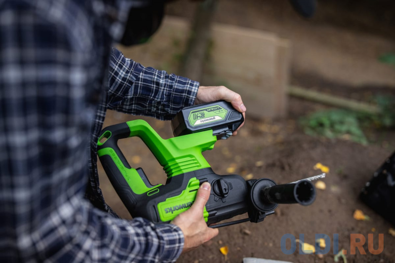 Greenworks Перфоратор аккумуляторный бесщеточный Greenworks GD24SDS2K4,  2 ДЖ, 24V, c 1хАКБ 4 Ач и ЗУ в сумке [3803007UB] фото