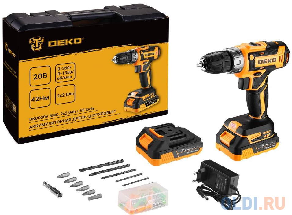

Deko DKCD20V в кейсе + набор 63 инструмента для дома, 20В, 2х2.0Ач 080-1002