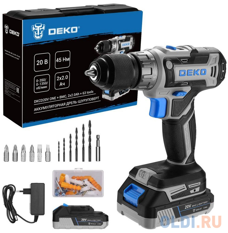 

Deko DKCD20V ONE + в кейсе + набор 63 инструмента для дома, 20В, 2x2.0Ач 083-1038