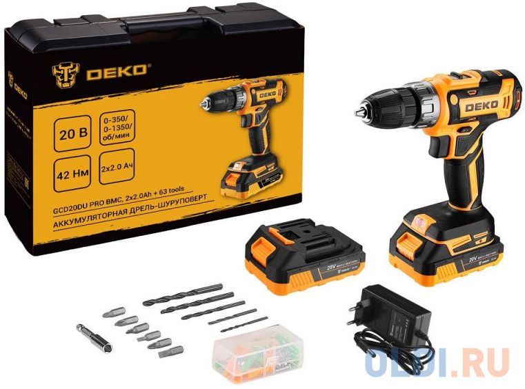 

Deko GCD20DU PRO в кейсе + набор 63 инструмента для дома, 20В, 2х2.0Ач 083-1040