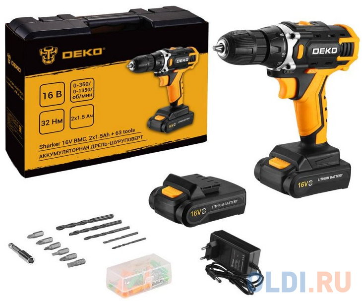 Deko Sharker 16V в кейсе + набор 63 инструмента для дома, 16В, 2х1.5Ач 083-1041