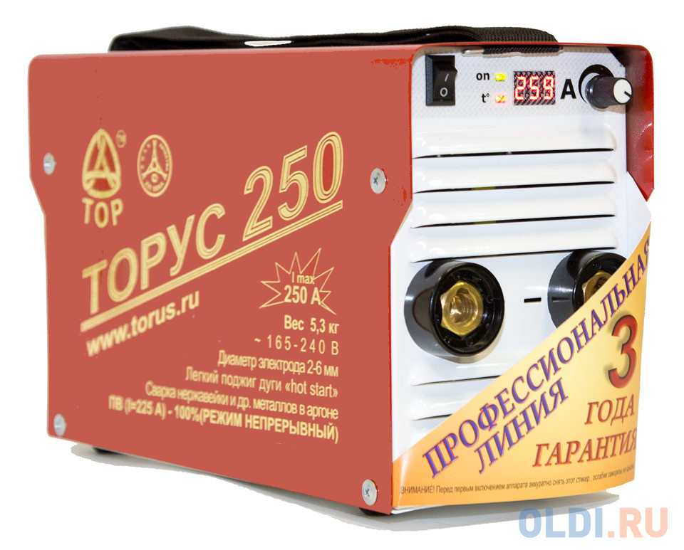 

Инвертор сварочный ТОРУС 250 НАКС 8.2кВт 165-242В 40-250А 2.0-6.0мм ПВ80% ММА и TIG