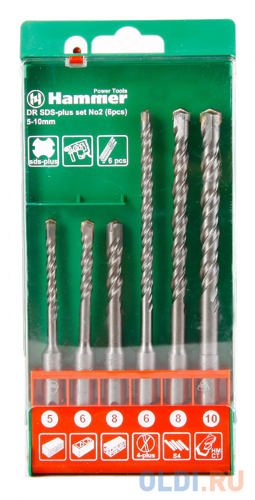 

Набор буров Hammer Flex 201-902 DR SDS+ набор No2 5/6/8 X 110, 6/8/10 X 160, 6шт.
