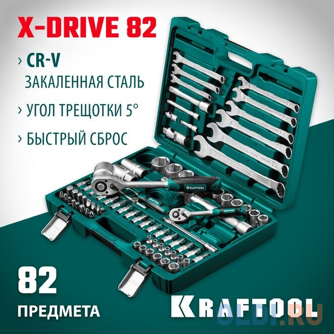 Набор инструмента KRAFTOOL X-Drive 82, 82 предм., (1/2?+1/4?) универсальный 27887-H82 степлер kraftool