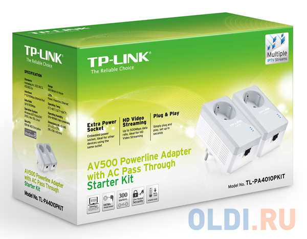 Адаптер TP-Link TL-PA4010PKIT Базовый комплект адаптеров Powerline стандарта AV500/AV600 со встроенной розеткой фото