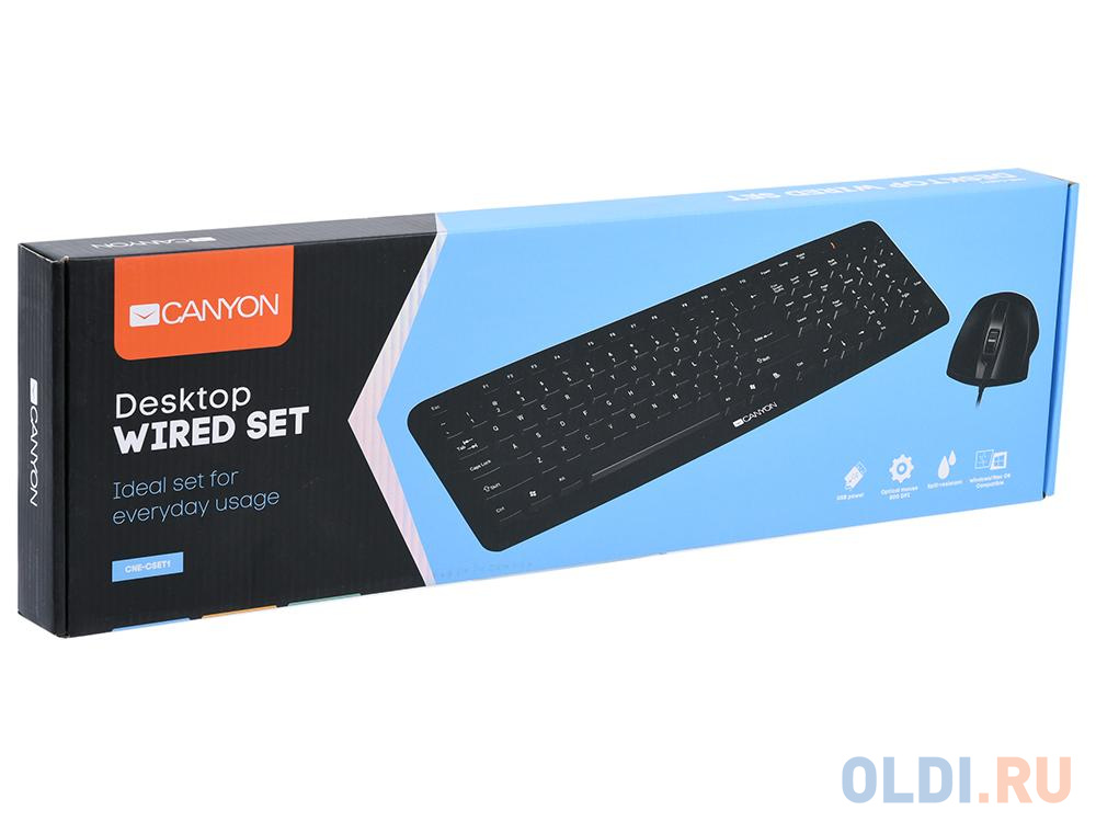 Клавиатура CANYON CNE-CSET1-RU, USB standard KB, water resistant RU layout bundle with optical 3D wired mice 1000DPI black фото