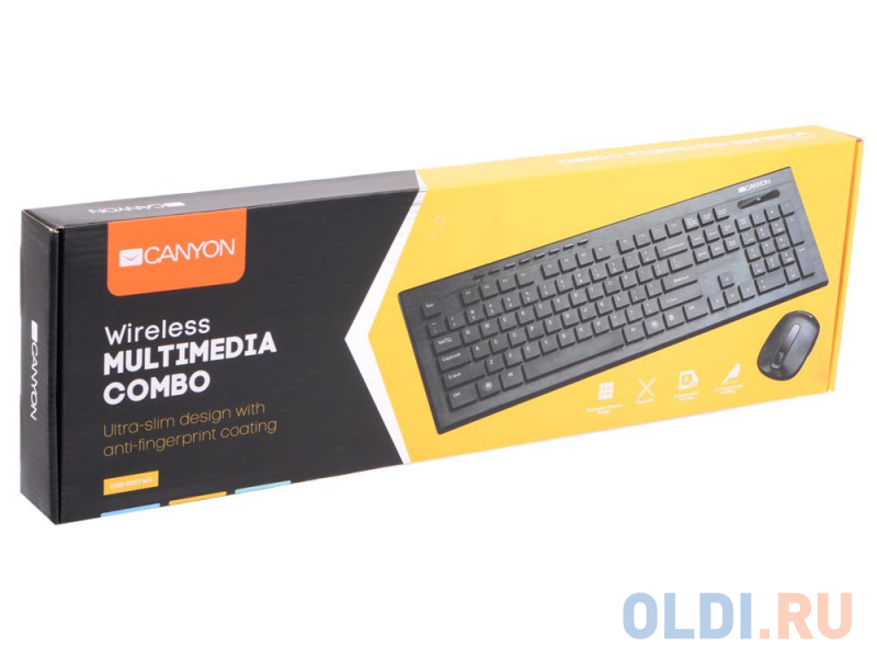 Клавиатура CANYON CNS-HSETW4-RU, Multimedia 2.4GHZ wireless combo-set, 104 keys, slim and brushed finish design, chocolate key caps, RU layout (black) фото