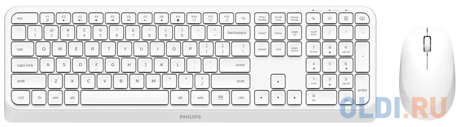 Philips Беспроводной Комплект SPT6307W(Клавиатура SPK6307W+Мышь SPK7307W) 2.4GHz 104 клав/3 кнопки 1600dpi, русская заводская раскладка, белый миксер стационарный philips hr3745 00 450 вт белый серый