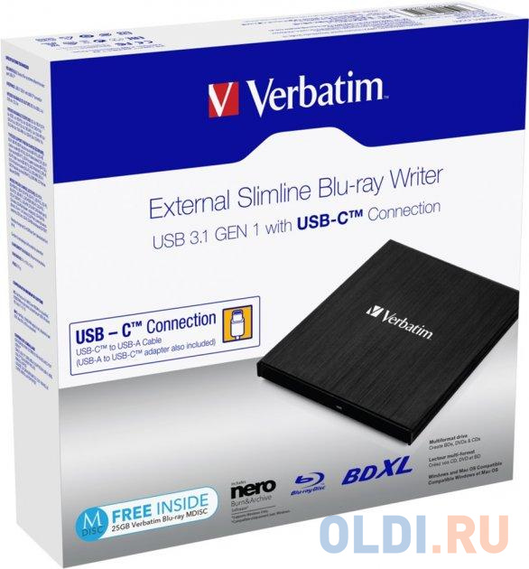 Привод внеш. Verbatim SLIMLINE BLU-RAY WRITER USB 3.1 GEN 1 USB-C, размер 14.5 x 13.3 x 1.1 см, 215 г, цвет черный - фото 3