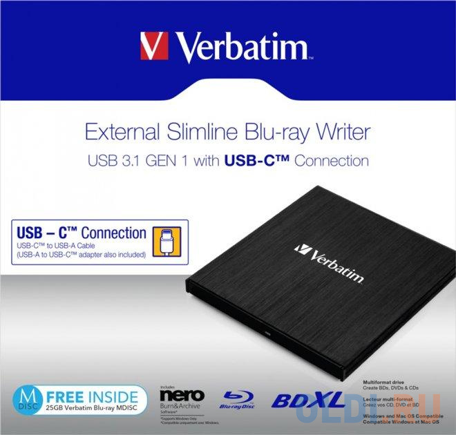 Привод внеш. Verbatim SLIMLINE BLU-RAY WRITER USB 3.1 GEN 1 USB-C, размер 14.5 x 13.3 x 1.1 см, 215 г, цвет черный - фото 4